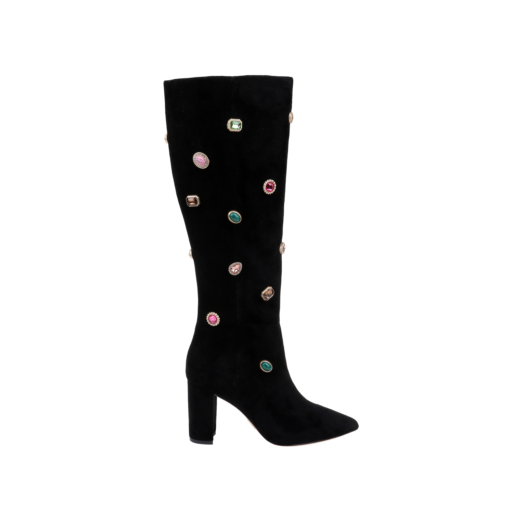 The Concourse Boot is a black knee-high heeled boot featuring colorful, round and oval gem embellishments on the shaft and foot, effortlessly combining striking design with opulent detail for a true luxury statement piece.