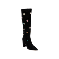 Introducing the Concourse Boot: a black, knee-high boot featuring a block heel and pointed toe, adorned with vibrant gemstone-like embellishments for a luxurious statement that adds bold style to any outfit.