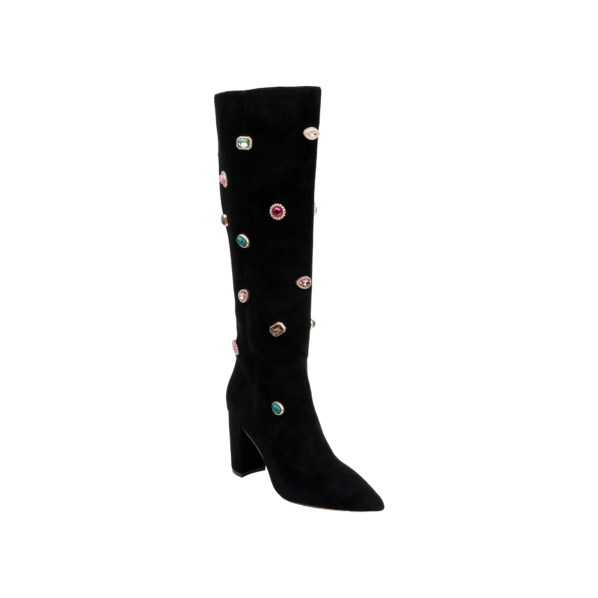 Introducing the Concourse Boot: a black, knee-high boot featuring a block heel and pointed toe, adorned with vibrant gemstone-like embellishments for a luxurious statement that adds bold style to any outfit.