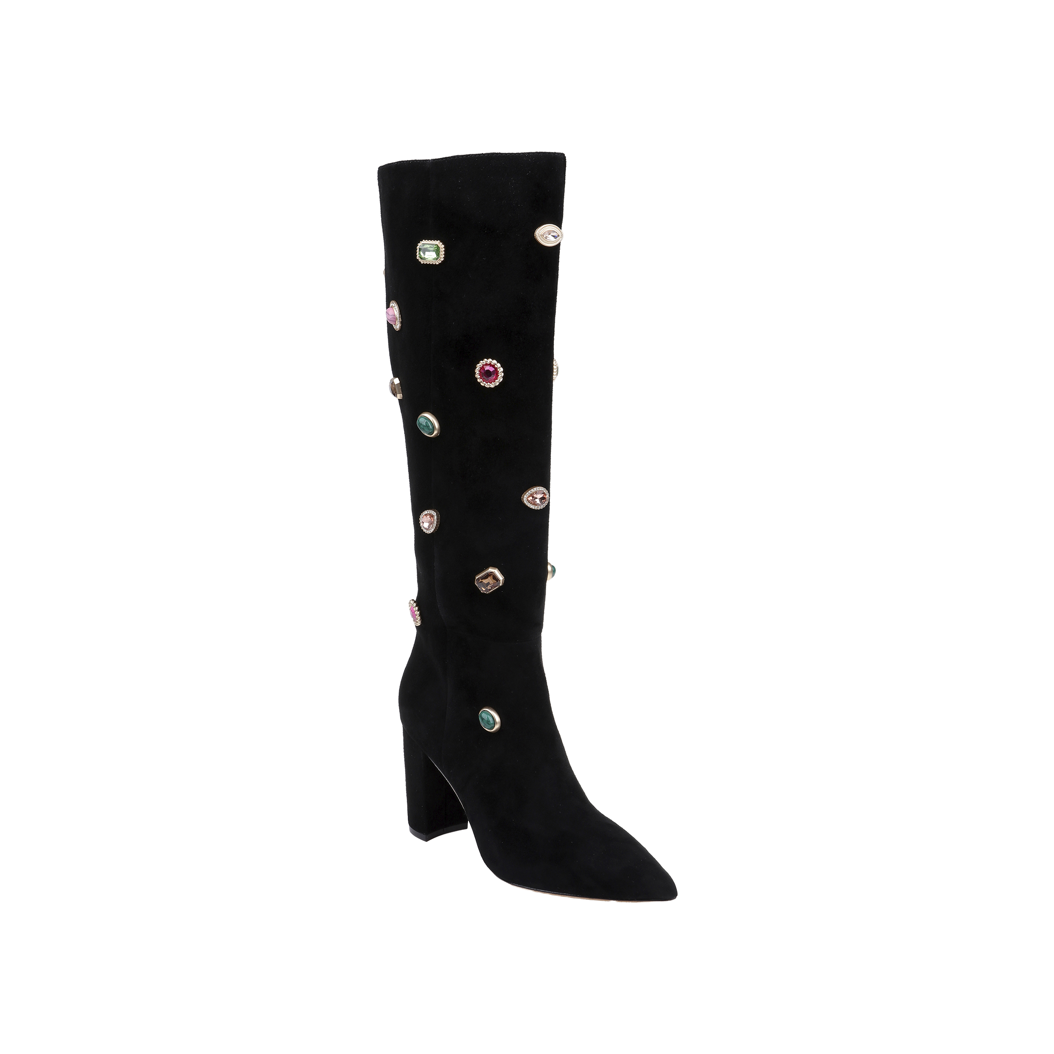 Introducing the Concourse Boot: a black, knee-high boot featuring a block heel and pointed toe, adorned with vibrant gemstone-like embellishments for a luxurious statement that adds bold style to any outfit.