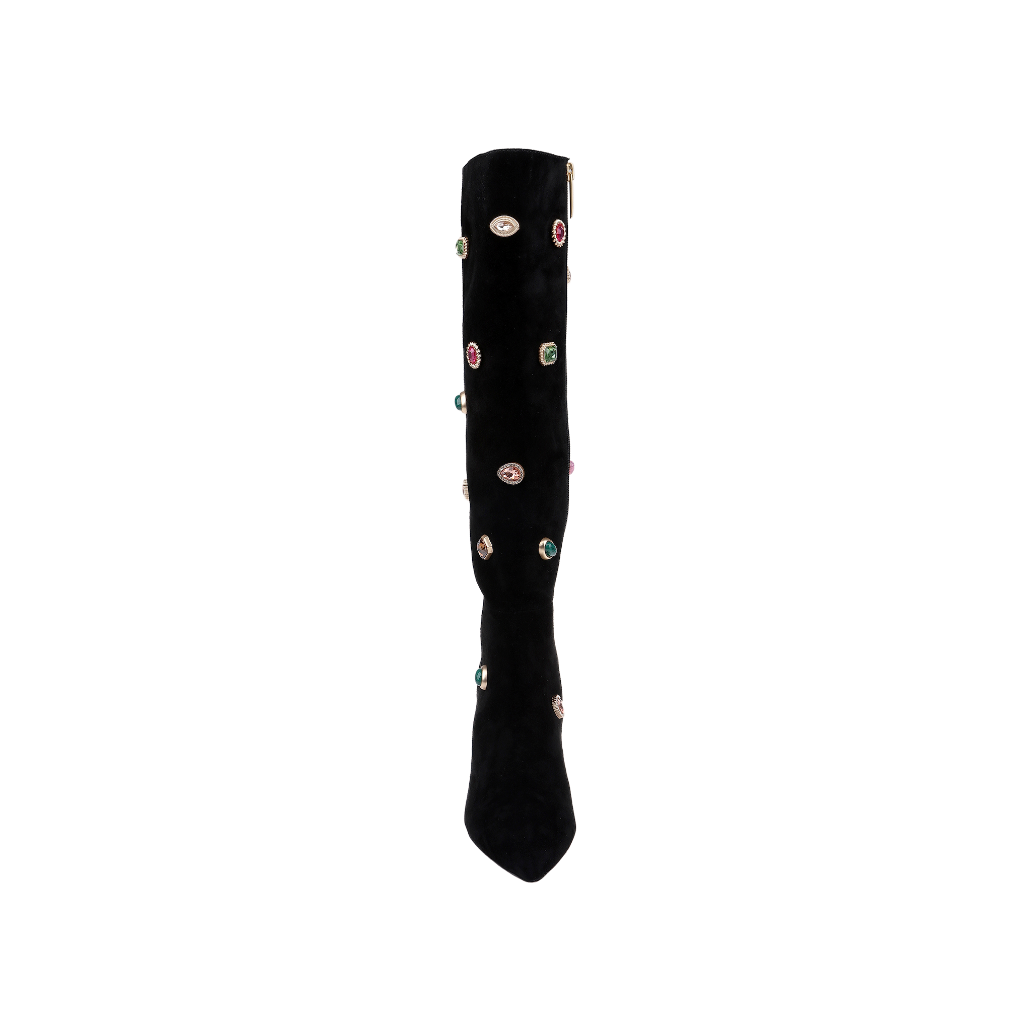 A single Concourse Boot in black is displayed against a plain white background, featuring an array of colorful gemstone-like embellishments that exemplify luxury statement and embellished suede boots.