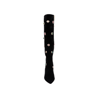 A single Concourse Boot—crafted from supple black suede and featuring a knee-high silhouette—is adorned with colorful, round jeweled embellishments and is displayed upright against a plain white background.