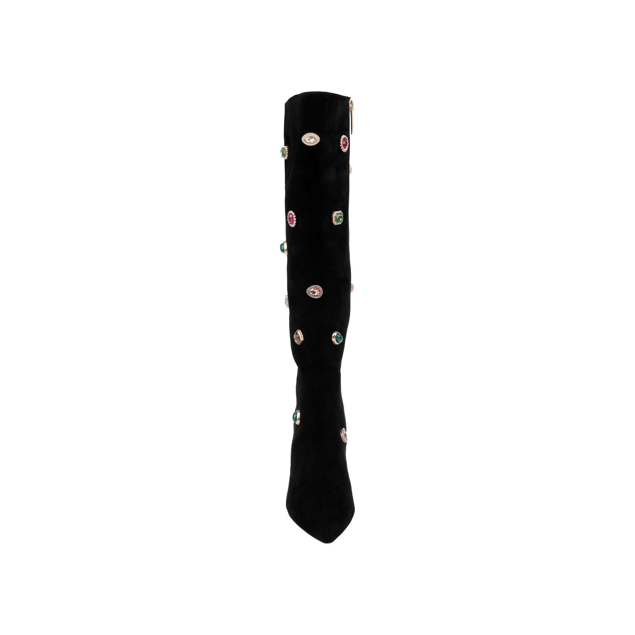 A single Concourse Boot in black is displayed against a plain white background, featuring an array of colorful gemstone-like embellishments that exemplify luxury statement and embellished suede boots.