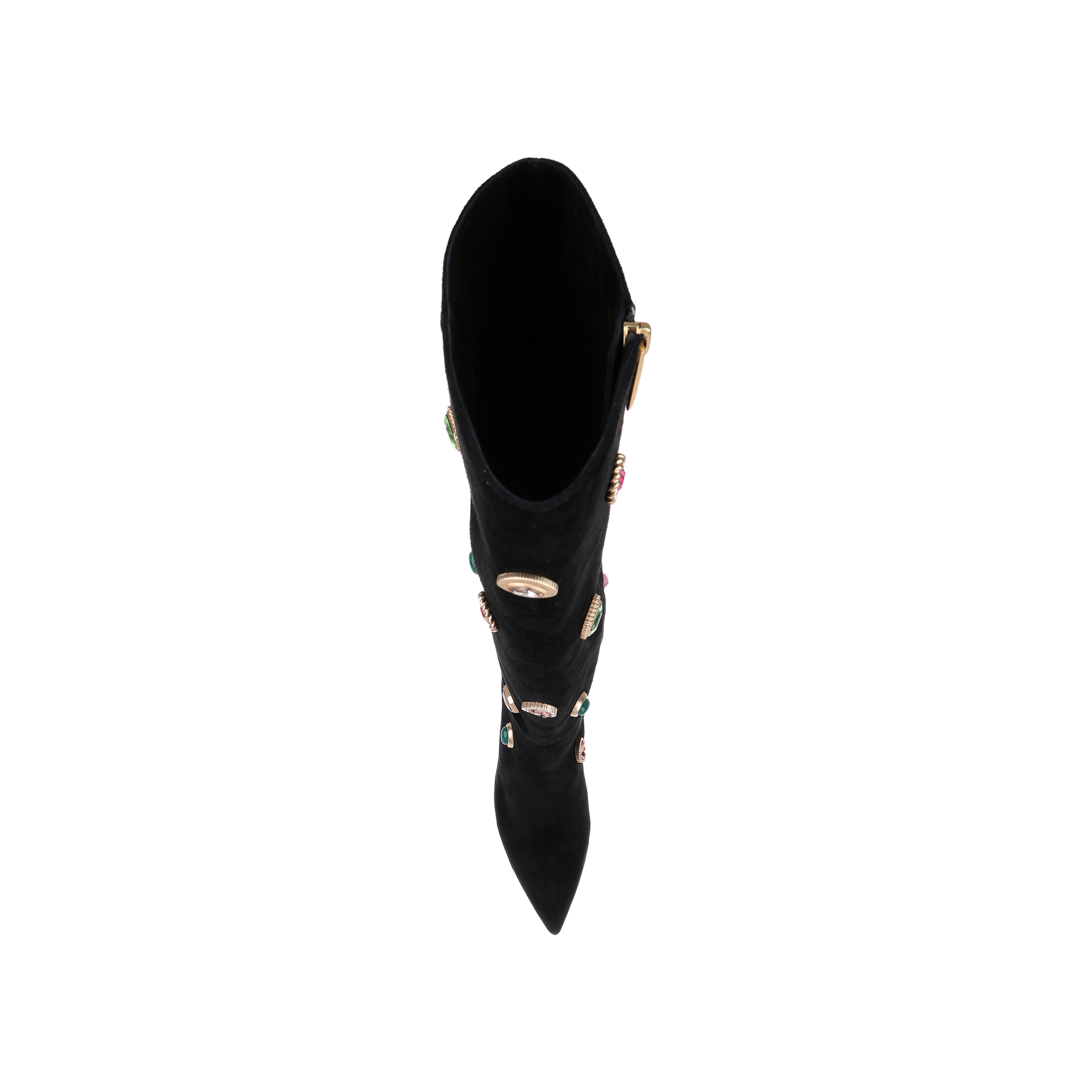 The Concourse Boot, a black pointed-toe design viewed from above, features colorful stones and gold accents running vertically along the front, creating a luxurious statement. The image is set against a plain white background.