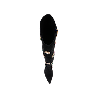 Concourse Boot viewed from above, featuring a black pointed-toe design with decorative oval embellishments and a side buckle, set against a white background.