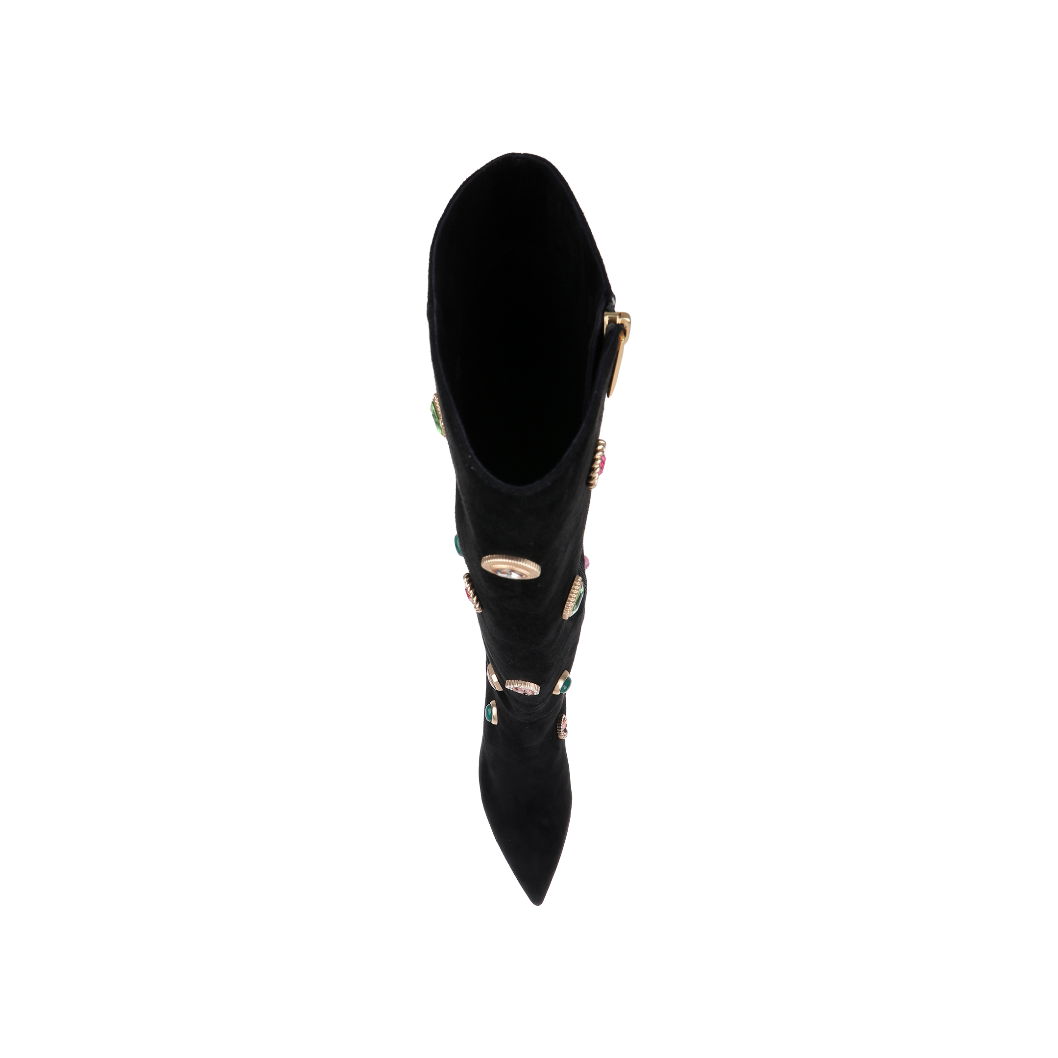 The Concourse Boot, a black pointed-toe design viewed from above, features colorful stones and gold accents running vertically along the front, creating a luxurious statement. The image is set against a plain white background.