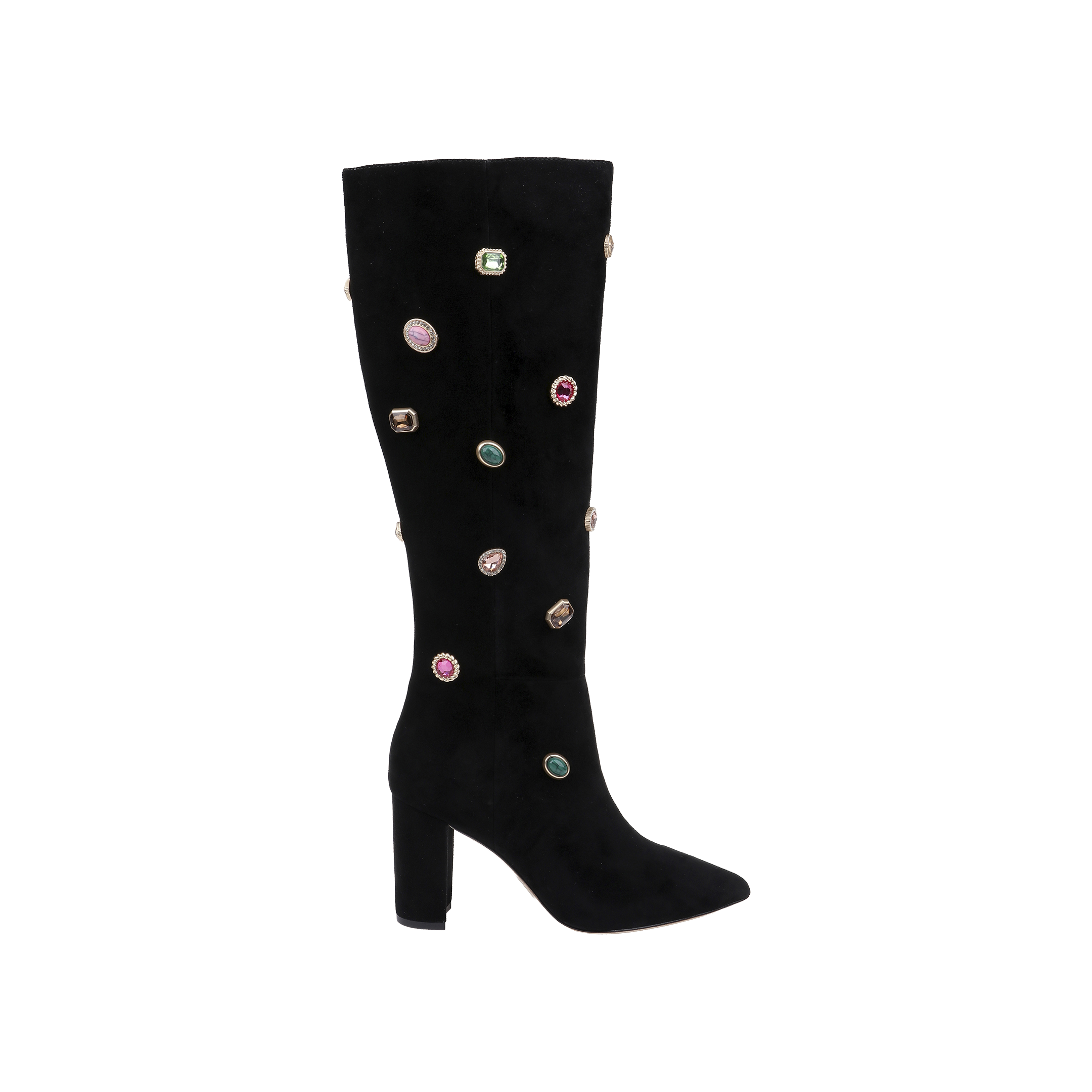 The Concourse Boot is a black, knee-high style featuring a block heel and pointed toe, embellished with multiple colorful crystal accents scattered across the shaft and foot—an eye-catching statement boot designed for luxury impact.