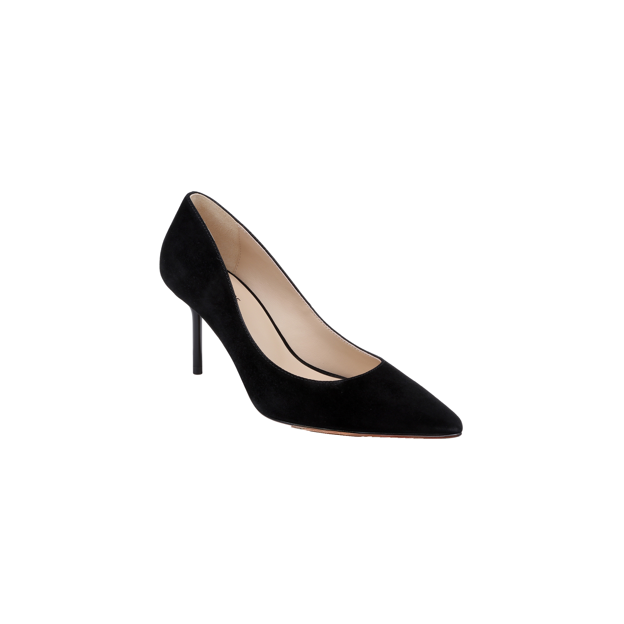 Plaza Suede Pump in black suede with a pointed toe, thin stiletto heel, and memory foam insole.