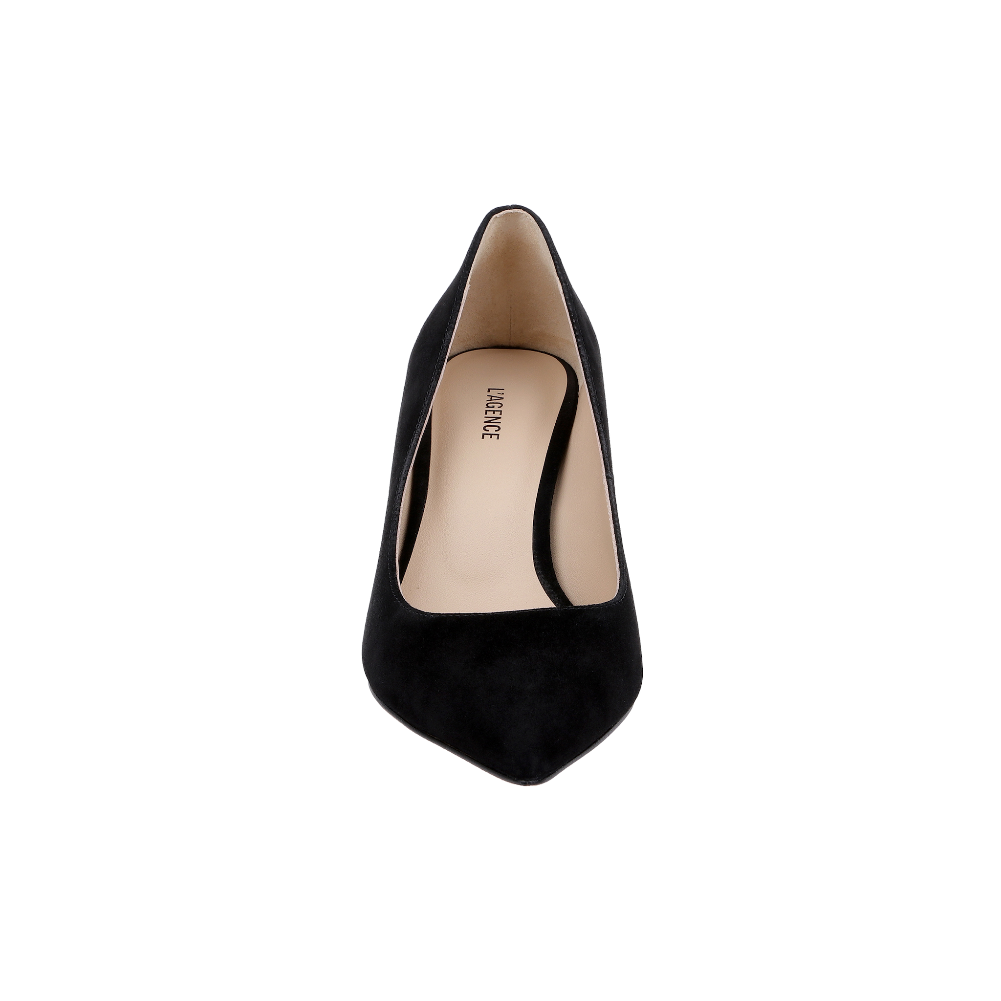 Plaza Suede Pump in black, featuring a pointed-toe design and a low stiletto heel, viewed from the front.