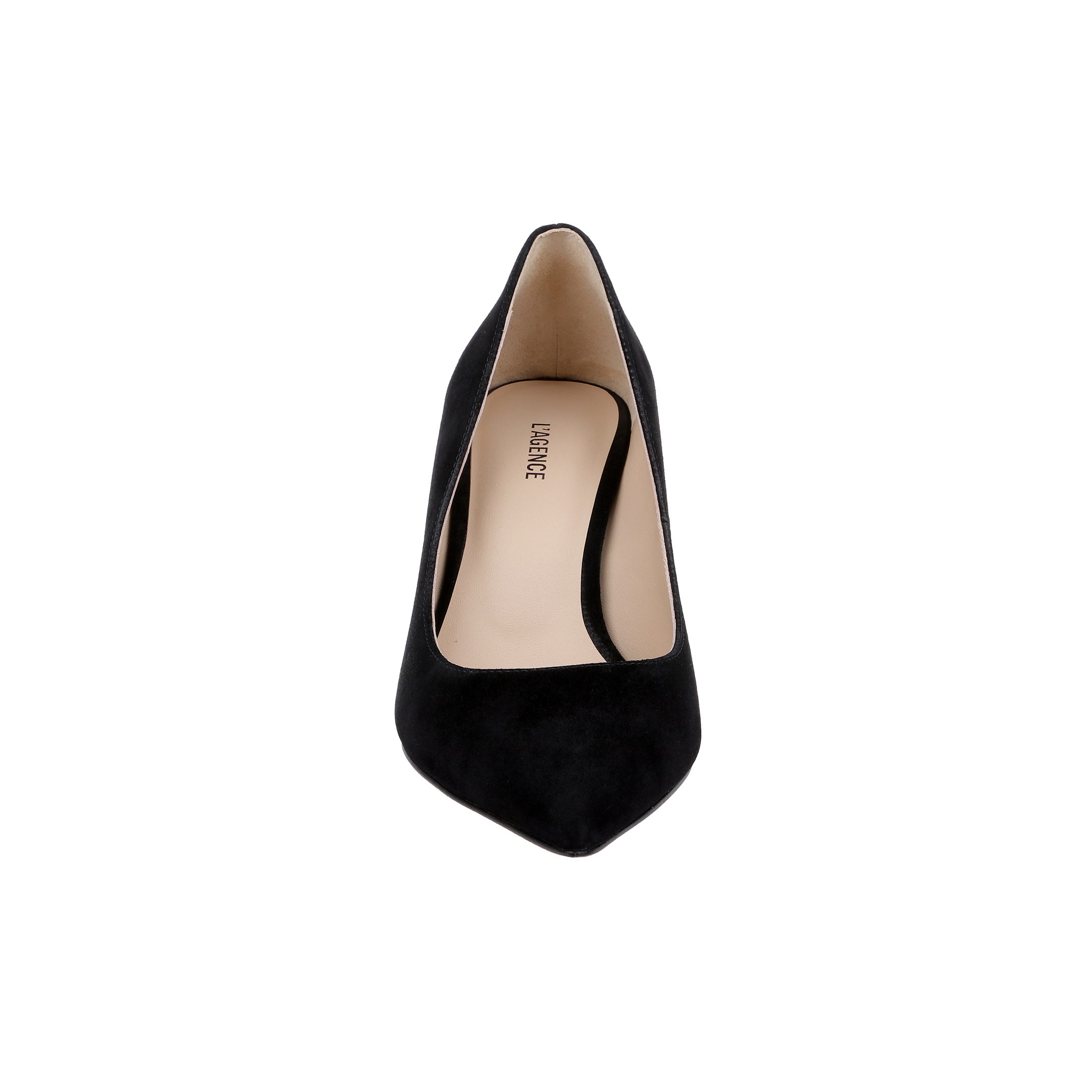 Plaza Suede Pump in black, featuring a pointed-toe design and a low stiletto heel, viewed from the front.