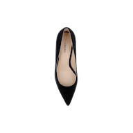 Plaza Suede Pump in black suede with a pointed toe and stiletto heel, viewed from above.