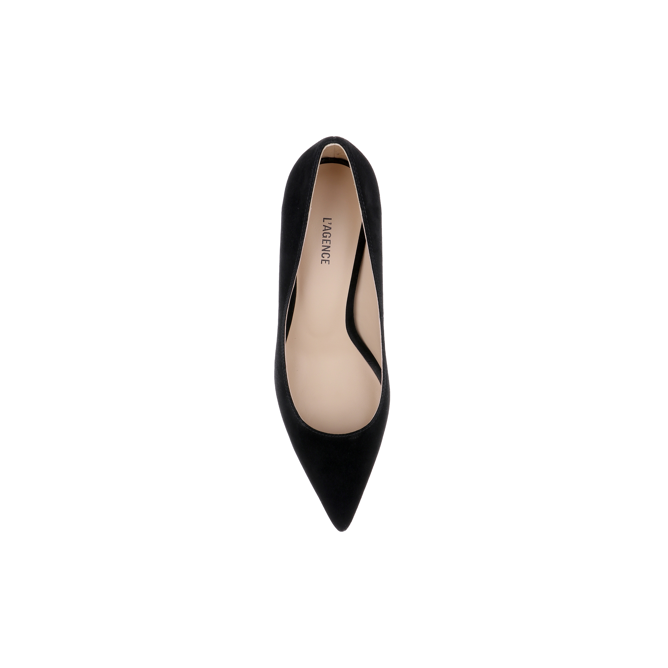 Plaza Suede Pump in black suede with a pointed toe and stiletto heel, viewed from above.