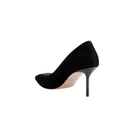 Side view of a black Plaza Suede Pump with a stiletto heel.