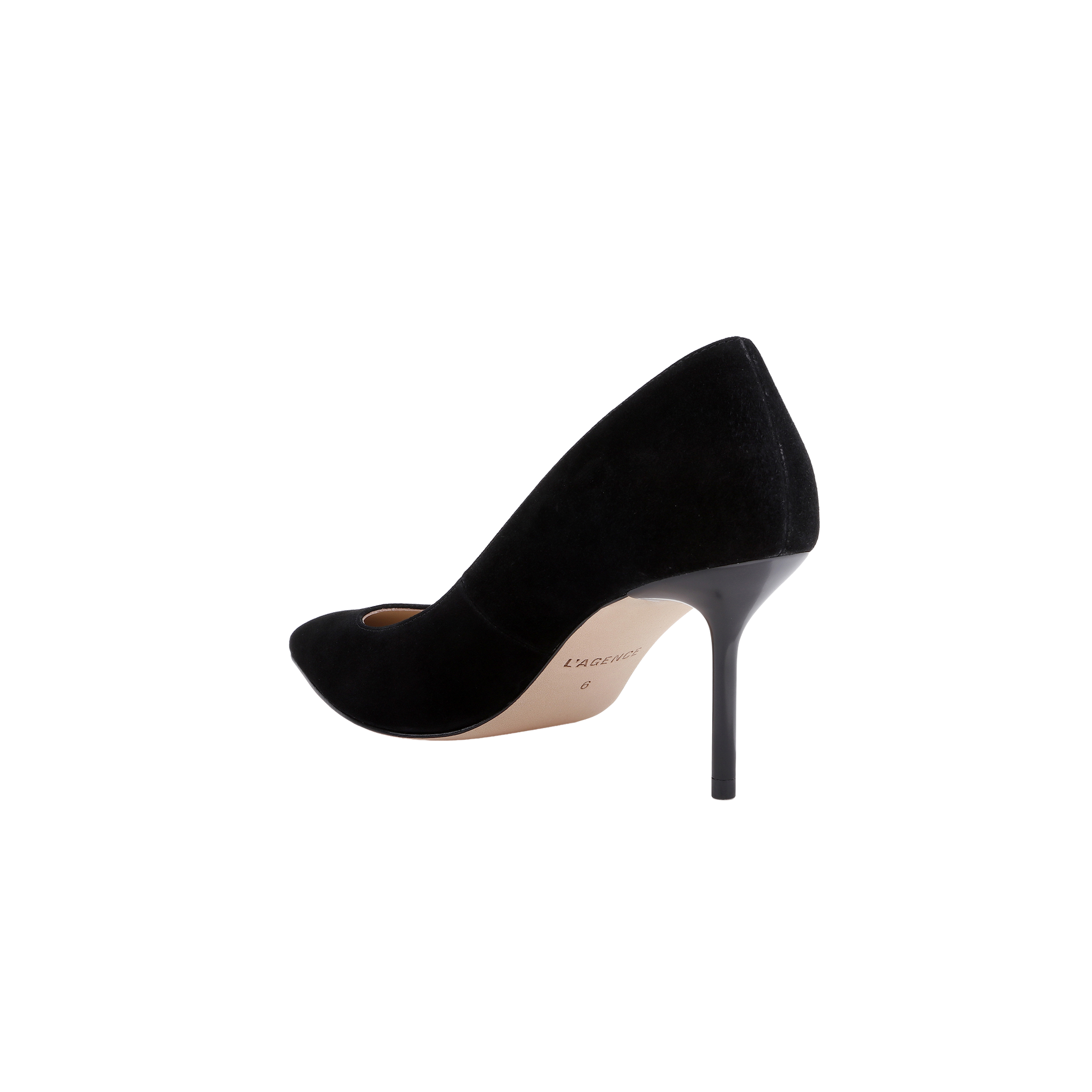 Side view of a black Plaza Suede Pump with a stiletto heel.