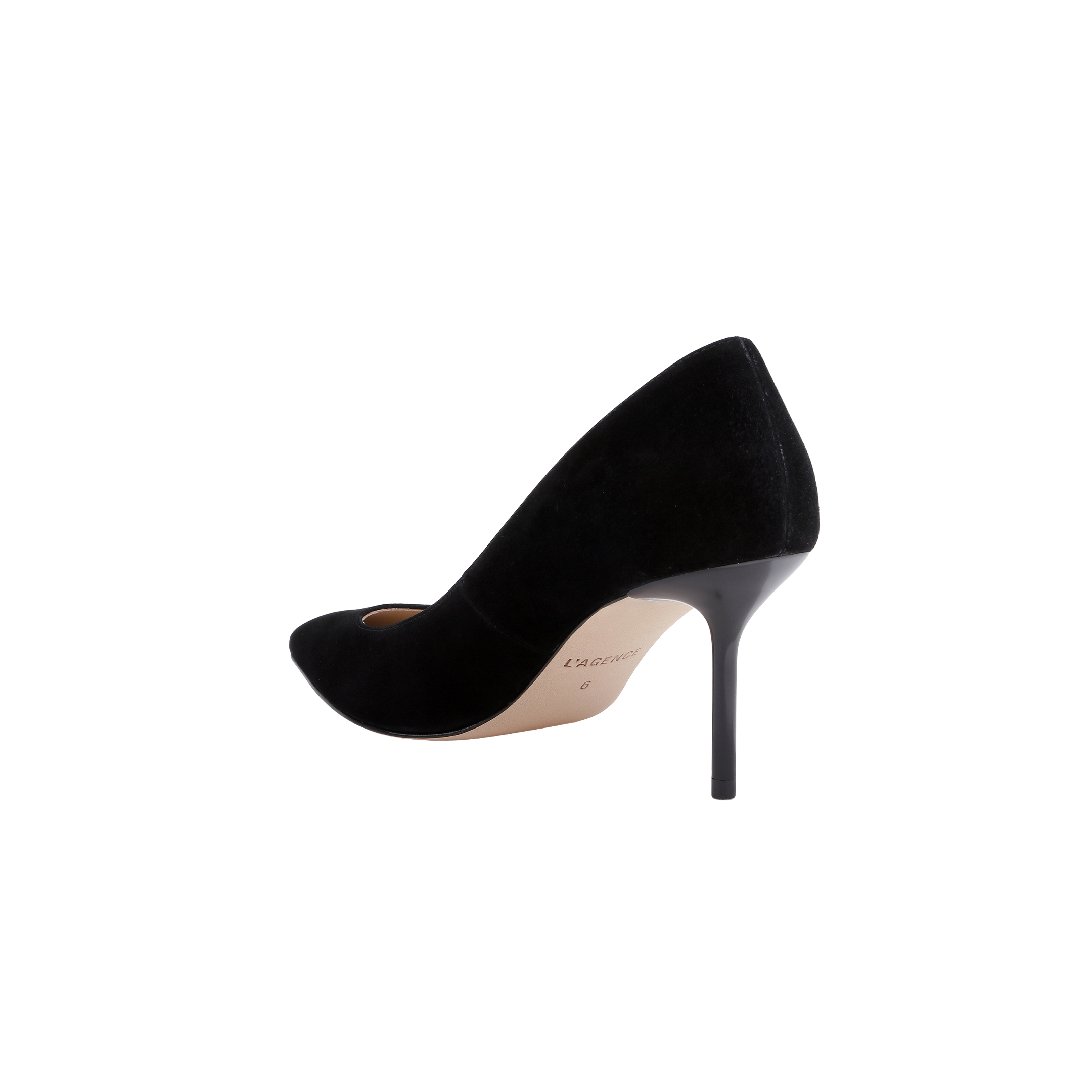 Side view of a black Plaza Suede Pump with a stiletto heel.