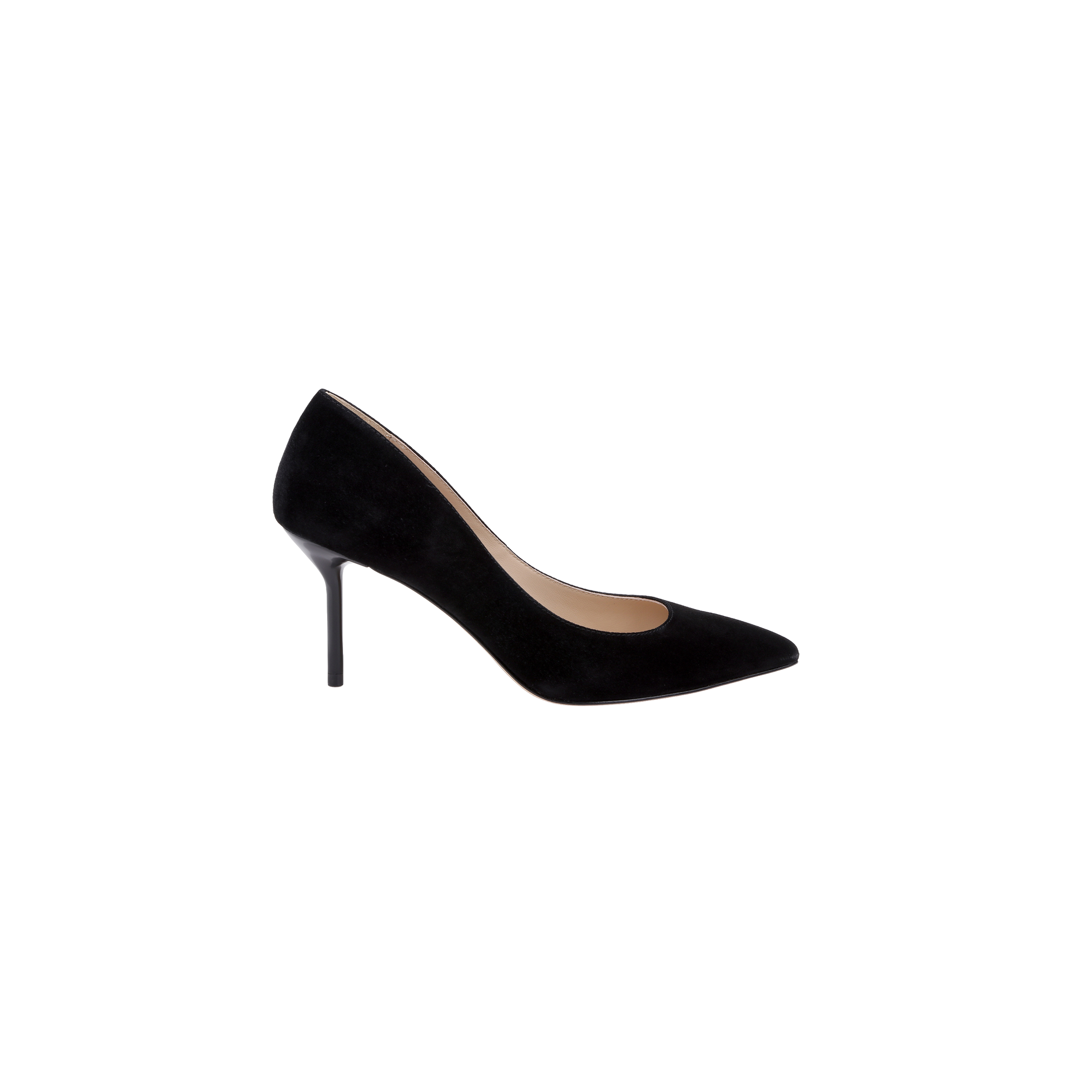 Plaza Suede Pump in black with a pointed toe, high stiletto heel, and memory foam insole.