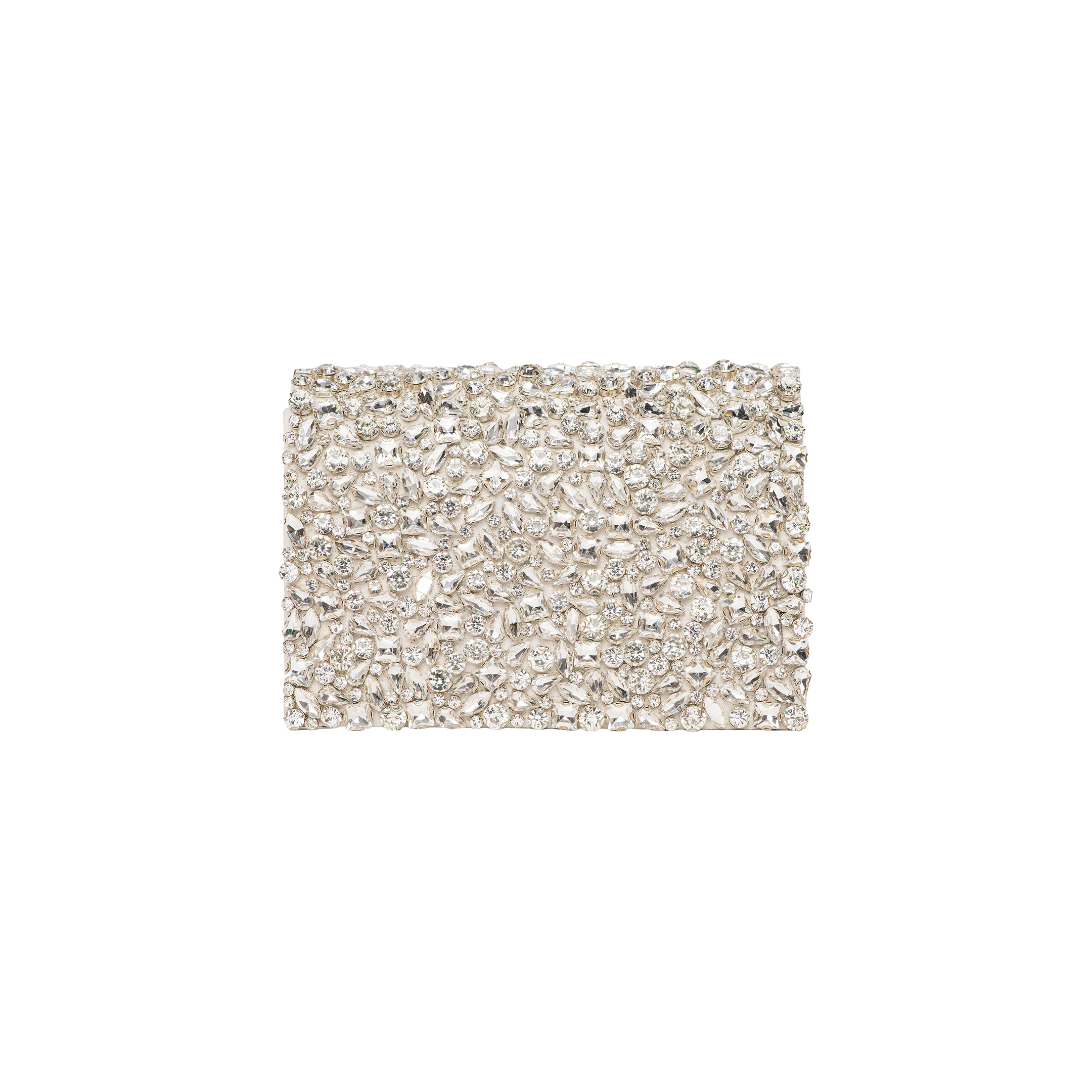 The Verve Crystal Clutch, a rectangular silver clutch from our collection adorned with handcrafted crystals, is displayed on a plain white background.