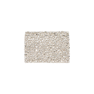 The Verve Crystal Clutch, a rectangular silver purse adorned with handcrafted crystals, is displayed against a plain white background—a modern statement piece from the clutch collection.