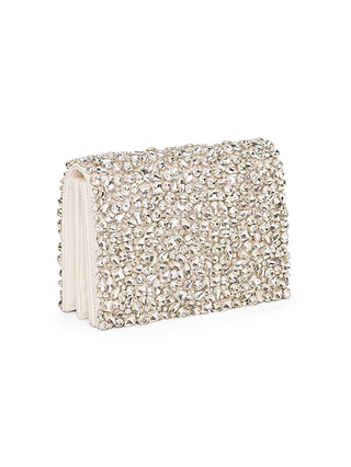 The Verve Crystal Clutch is a small, rectangular accessory with a creamy white base, handcrafted crystals, and structured accordion sides—ideal for adding sparkle to any elegant event.