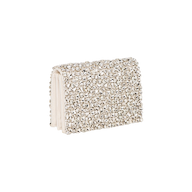 The Verve Crystal Clutch is a small, rectangular purse adorned with shimmering silver rhinestones and handcrafted crystals. Its light-colored fabric edges add a delicate touch, making it a standout piece against a plain white background—a true highlight from any clutch collection.