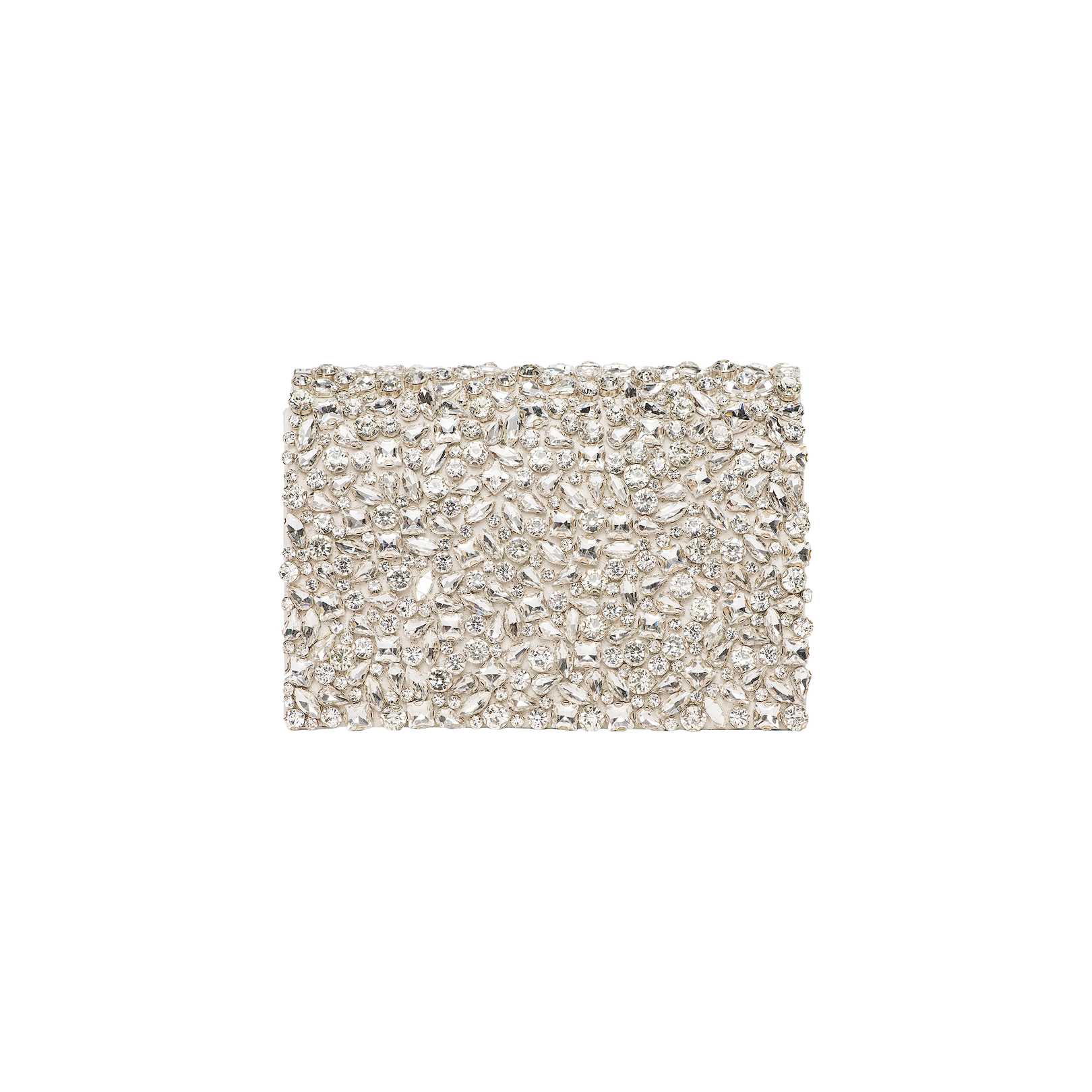 The Verve Crystal Clutch is a rectangular statement accessory encrusted with numerous sparkling, handcrafted crystals, displayed against a plain white background.
