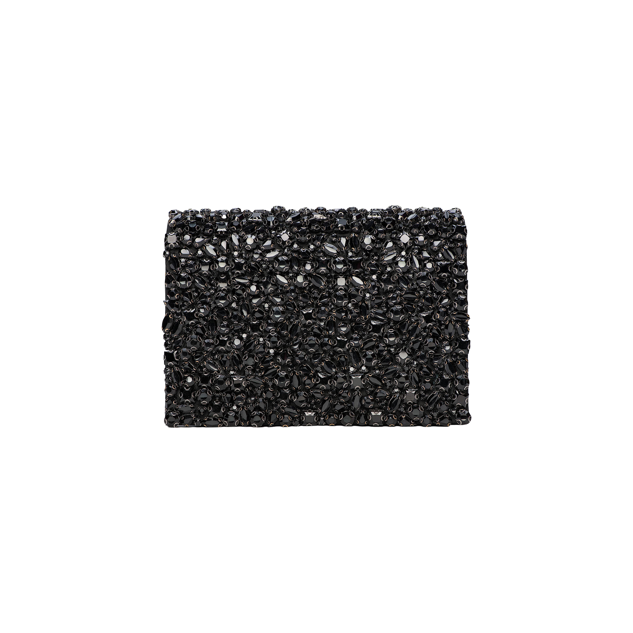 The Victoire Crystal Clutch is a rectangular black evening bag, handcrafted and embellished with gleaming faceted black beads, shown against a simple white background.