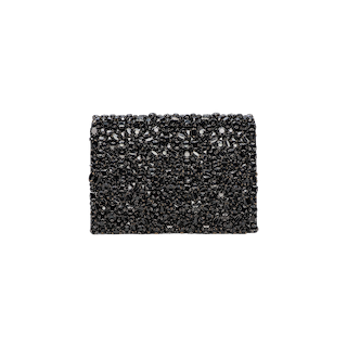 The Victoire Crystal Clutch is a rectangular black evening bag, handcrafted and embellished with gleaming faceted black beads, shown against a simple white background.