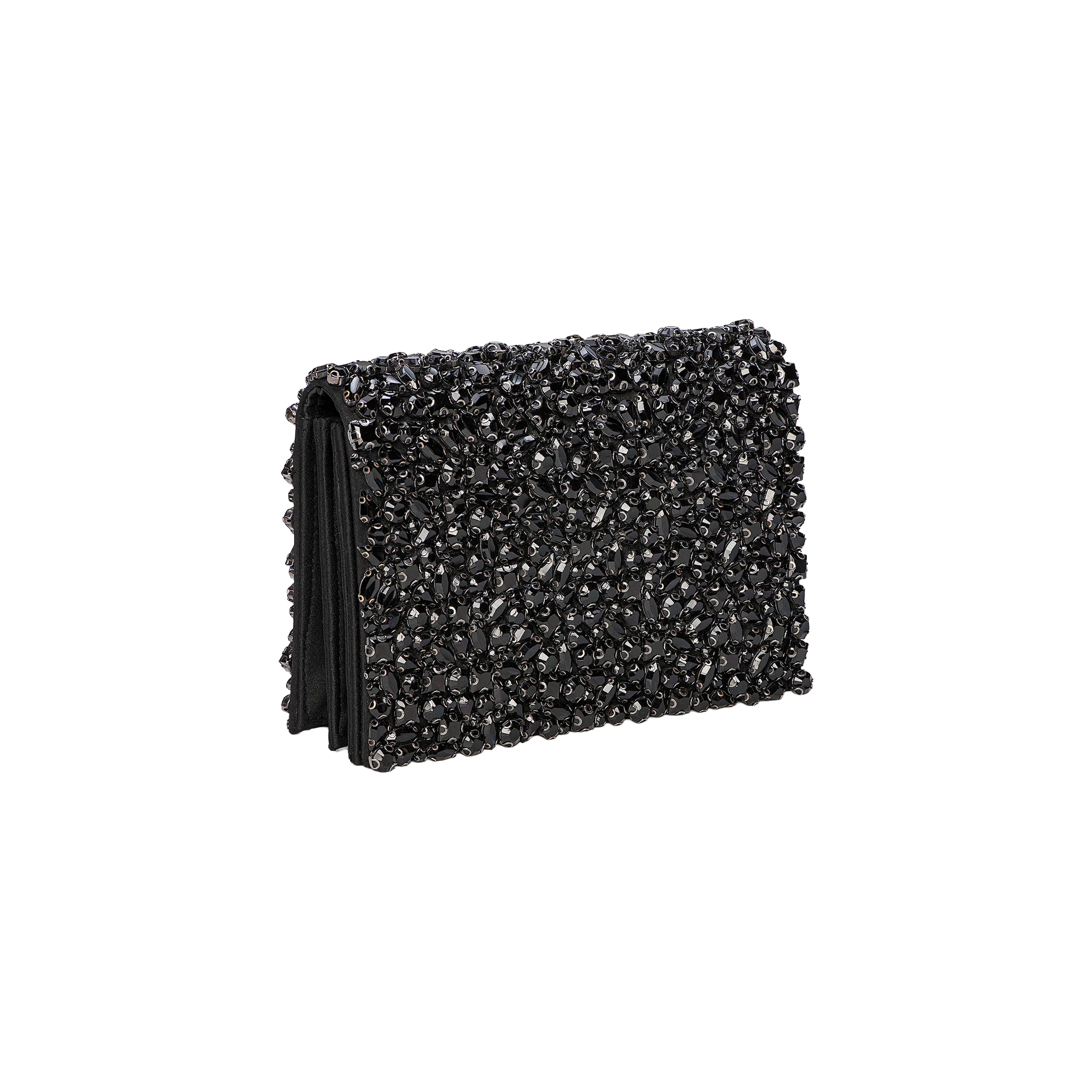 The Victoire Crystal Clutch, a petite black evening bag adorned with sparkling faceted stones, is pictured at an angle against a plain white background—an exquisite accessory that encapsulates the essence of evening glamour for your clutch collection.