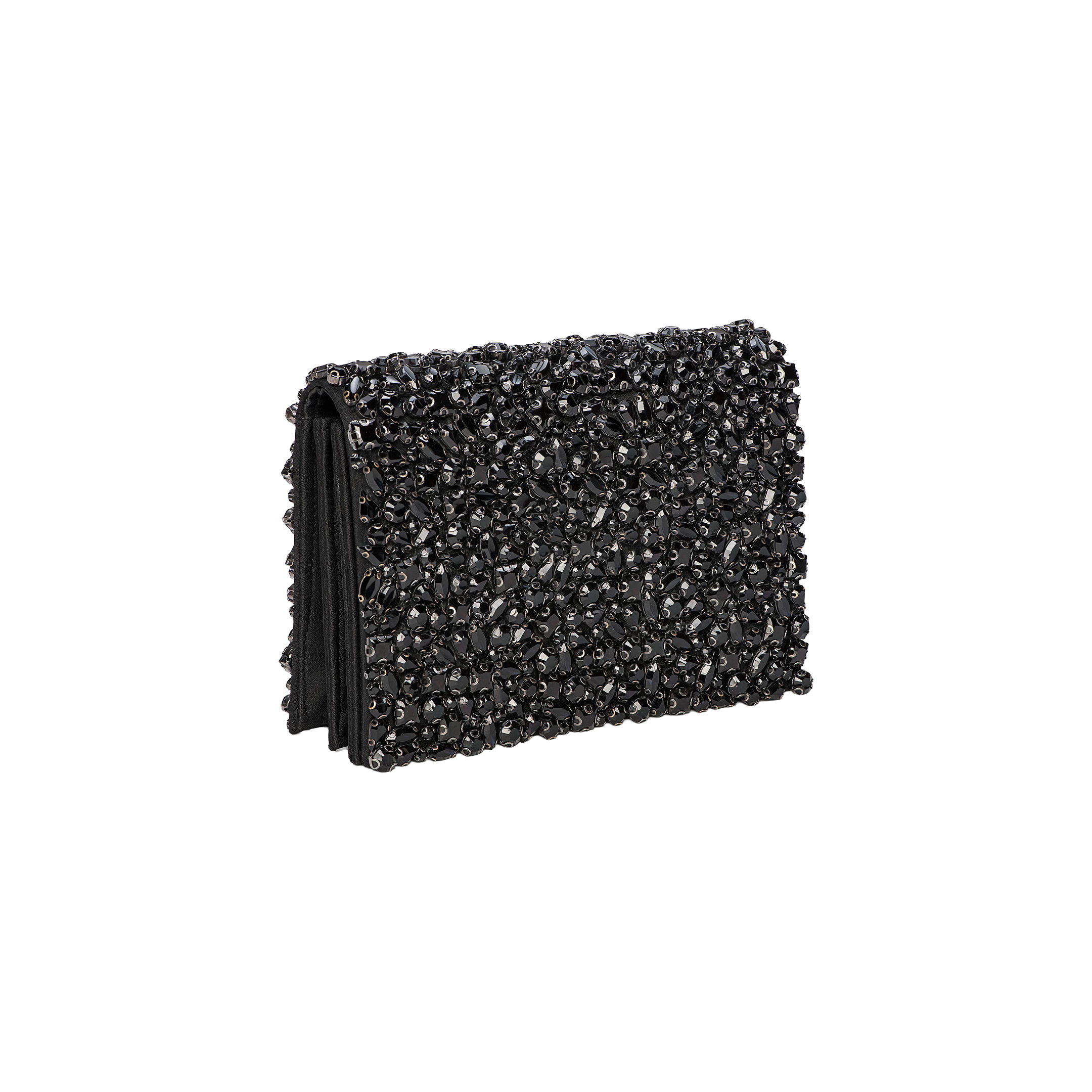 The Victoire Crystal Clutch, a petite black evening bag adorned with sparkling faceted stones, is pictured at an angle against a plain white background—an exquisite accessory that encapsulates the essence of evening glamour for your clutch collection.