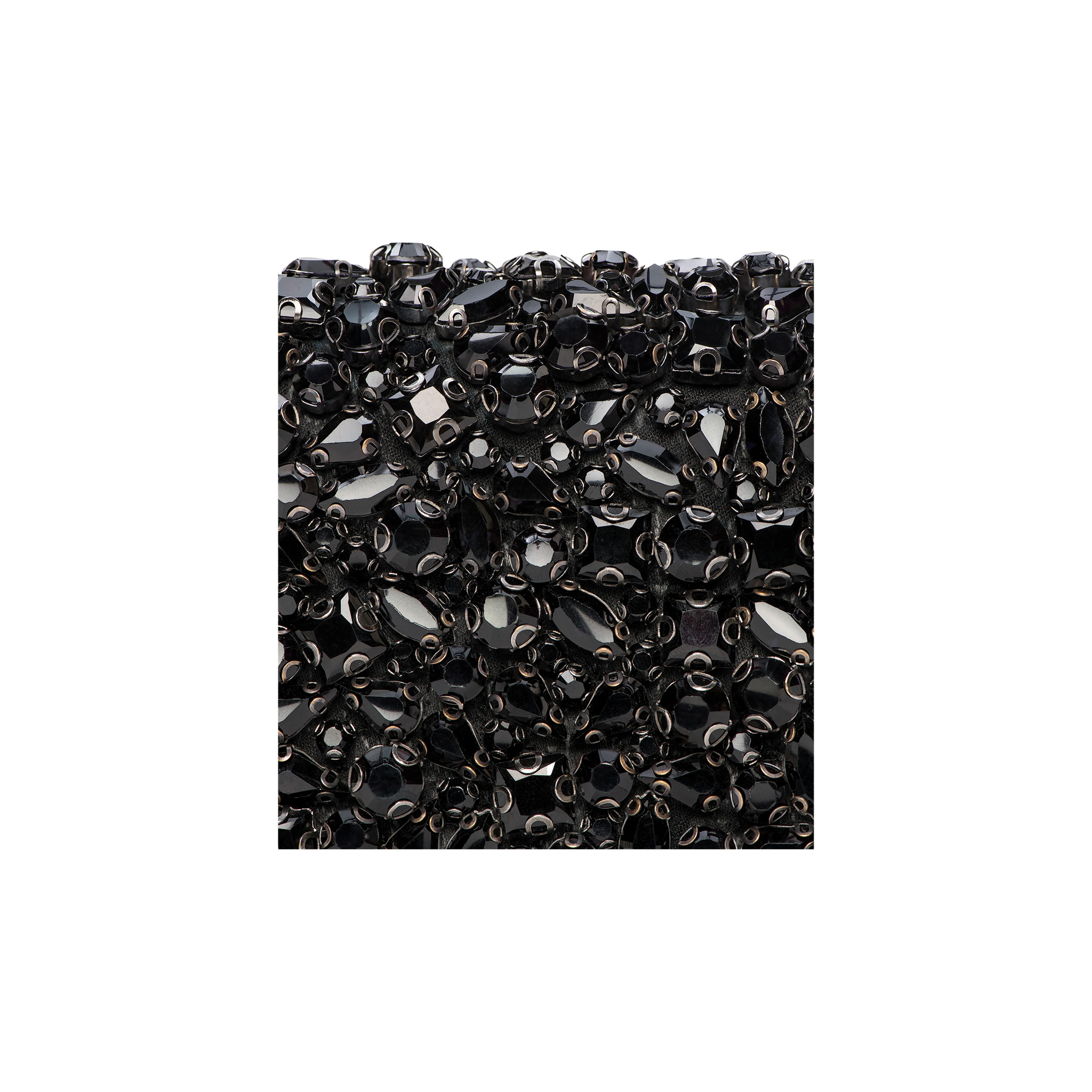 Close-up image of a square section of the Victoire Crystal Clutch, densely packed with shiny black beads and intricately woven in a pattern against a plain white background—an exquisite example of handcrafted detail that brings evening glamour to life.