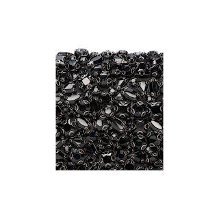 Close-up image of a square section of the Victoire Crystal Clutch, densely packed with shiny black beads and intricately woven in a pattern against a plain white background—an exquisite example of handcrafted detail that brings evening glamour to life.