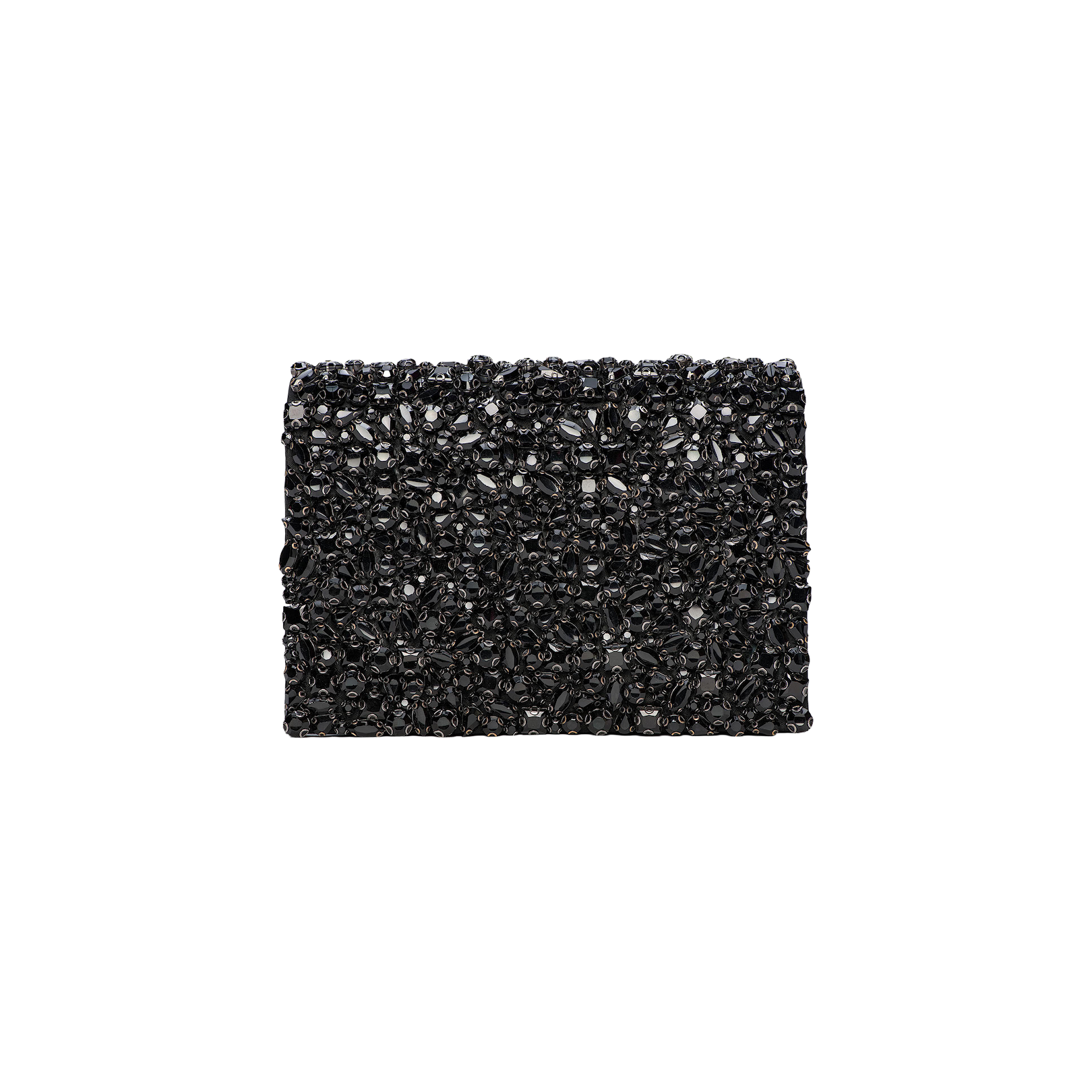 The Victoire Crystal Clutch is a rectangular black clutch bag, featuring a textured surface adorned with shiny black beads. Handcrafted with exquisite detail, this elegant accessory exudes evening glamour as it is showcased against a plain white background.
