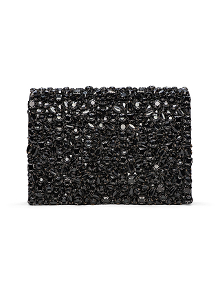 The Victoire Crystal Clutch is a rectangular black evening bag adorned with shiny, faceted beads that create a textured, sparkling surface. Handcrafted with precision, this elegant clutch is photographed against a white background.