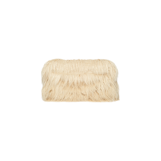 The Adelina Faux Fur Clutch, a rectangular purse draped in long, shaggy light beige fur, is shown against a plain white background. This plush tan accessory combines style with practicality, making it the ideal roomy clutch for carrying your essentials with flair.