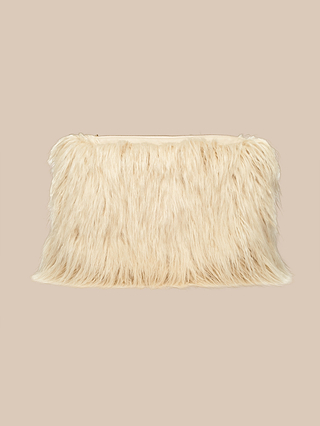 Introducing the Adelina Faux Fur Clutch—a rectangular beige clutch enveloped in long, soft faux fur and presented on a plain beige backdrop. This irresistible statement accessory blends plush texture with contemporary elegance.
