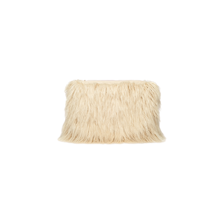 The Adelina Faux Fur Clutch is a rectangular, beige bag covered in long, shaggy faux fur, making it a plush tan statement accessory. It is displayed against a plain white background.