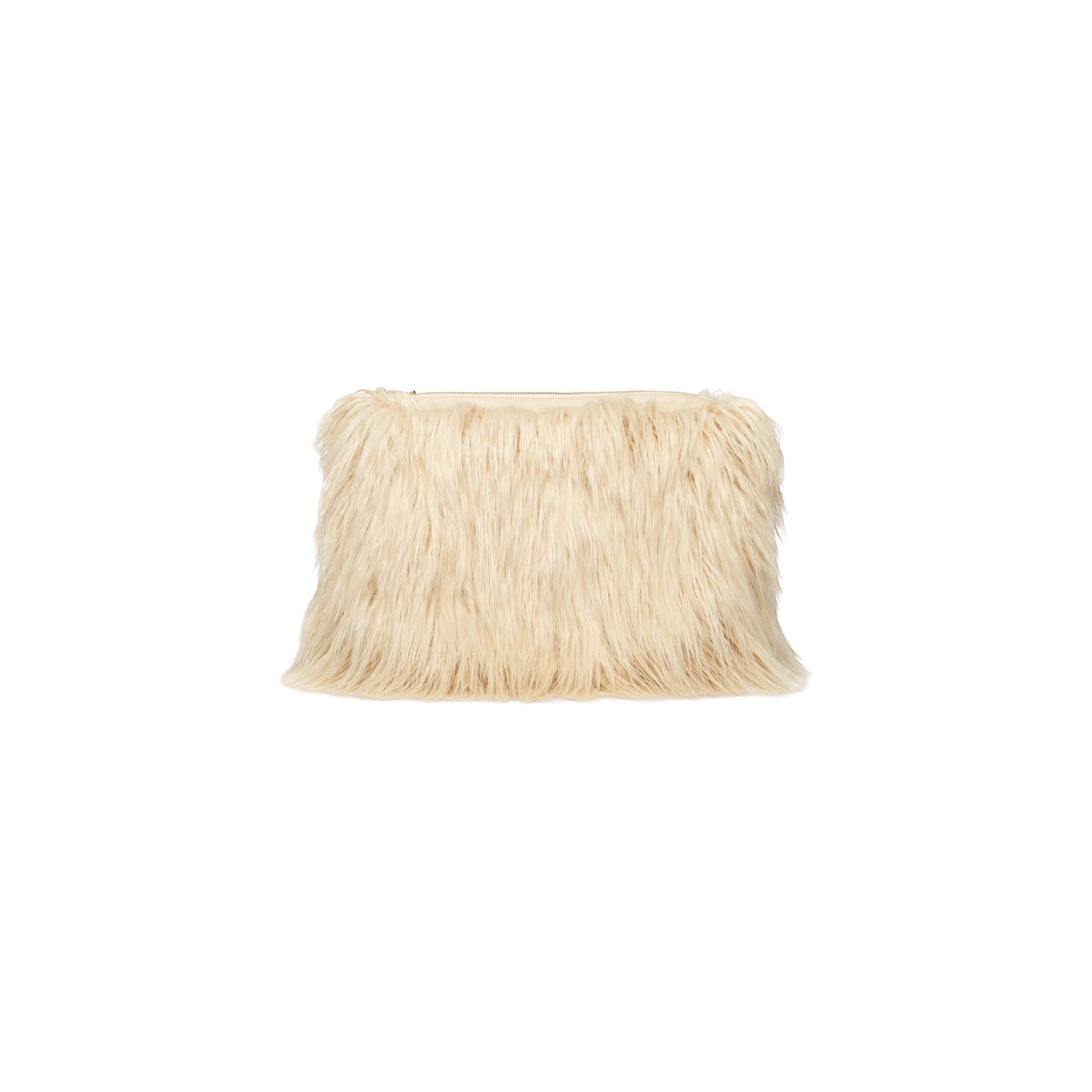 The Adelina Faux Fur Clutch, a rectangular beige bag covered in long, shaggy faux fur, is displayed against a plain white background.