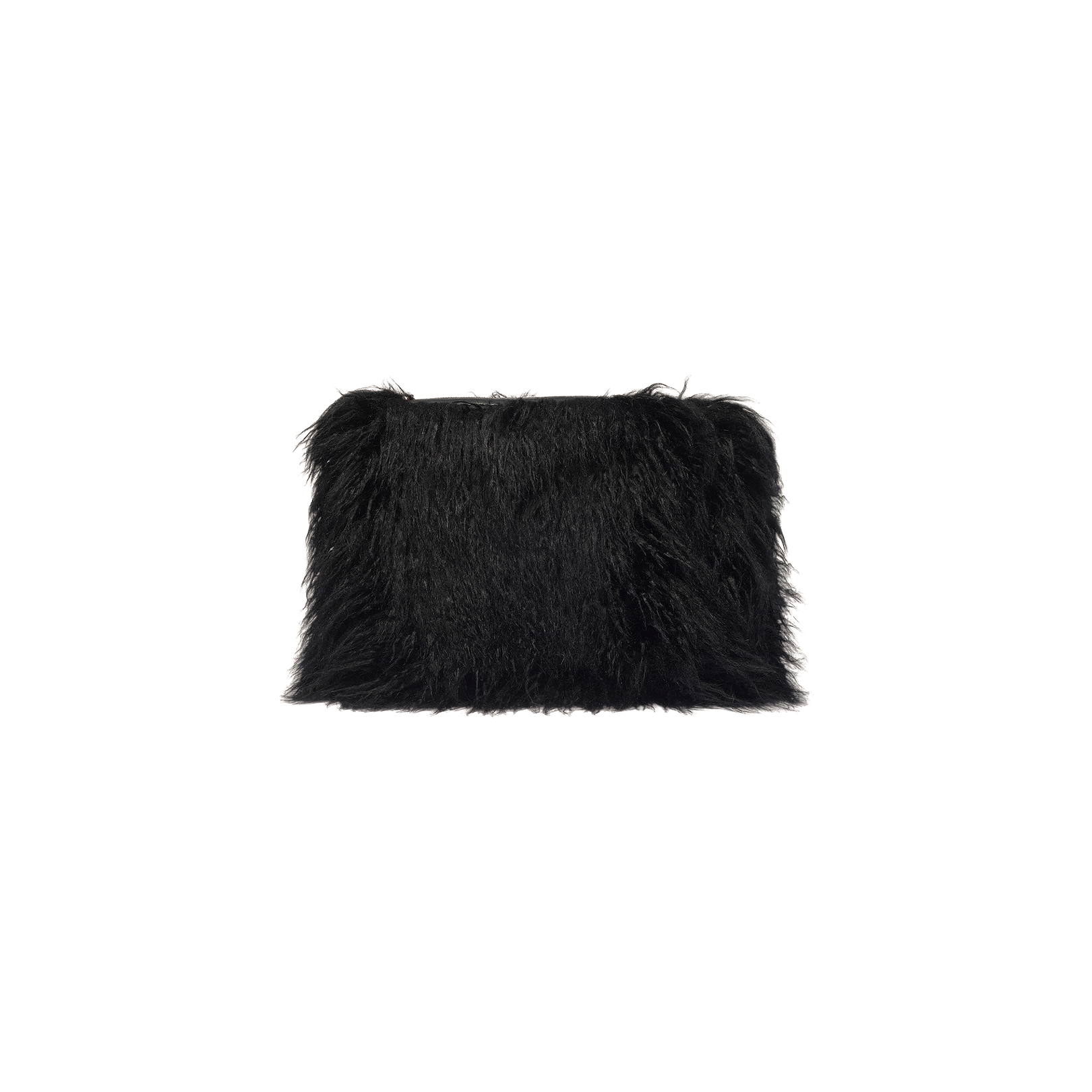 A black Adelina Faux Fur Clutch is displayed against a plain white background, featuring a plush faux fur texture reminiscent of a pillow.