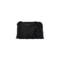 A black Adelina Faux Fur Clutch is displayed against a plain white background, featuring a plush faux fur texture reminiscent of a pillow.