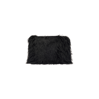 A black Adelina Faux Fur Clutch, with a square silhouette and plush texture, is displayed against a plain white background.