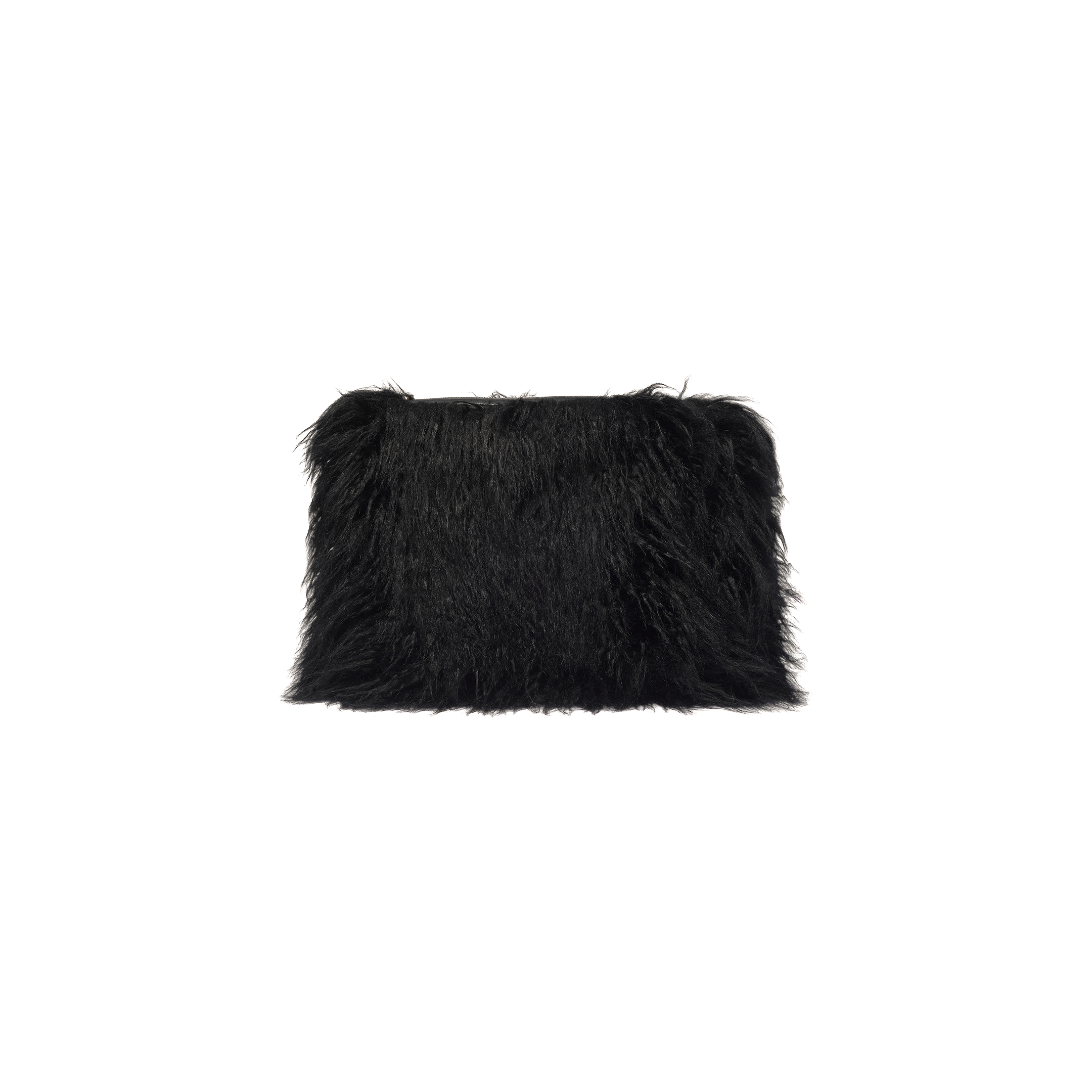 A black Adelina Faux Fur Clutch is displayed against a plain white background, featuring a plush faux fur texture reminiscent of a pillow.