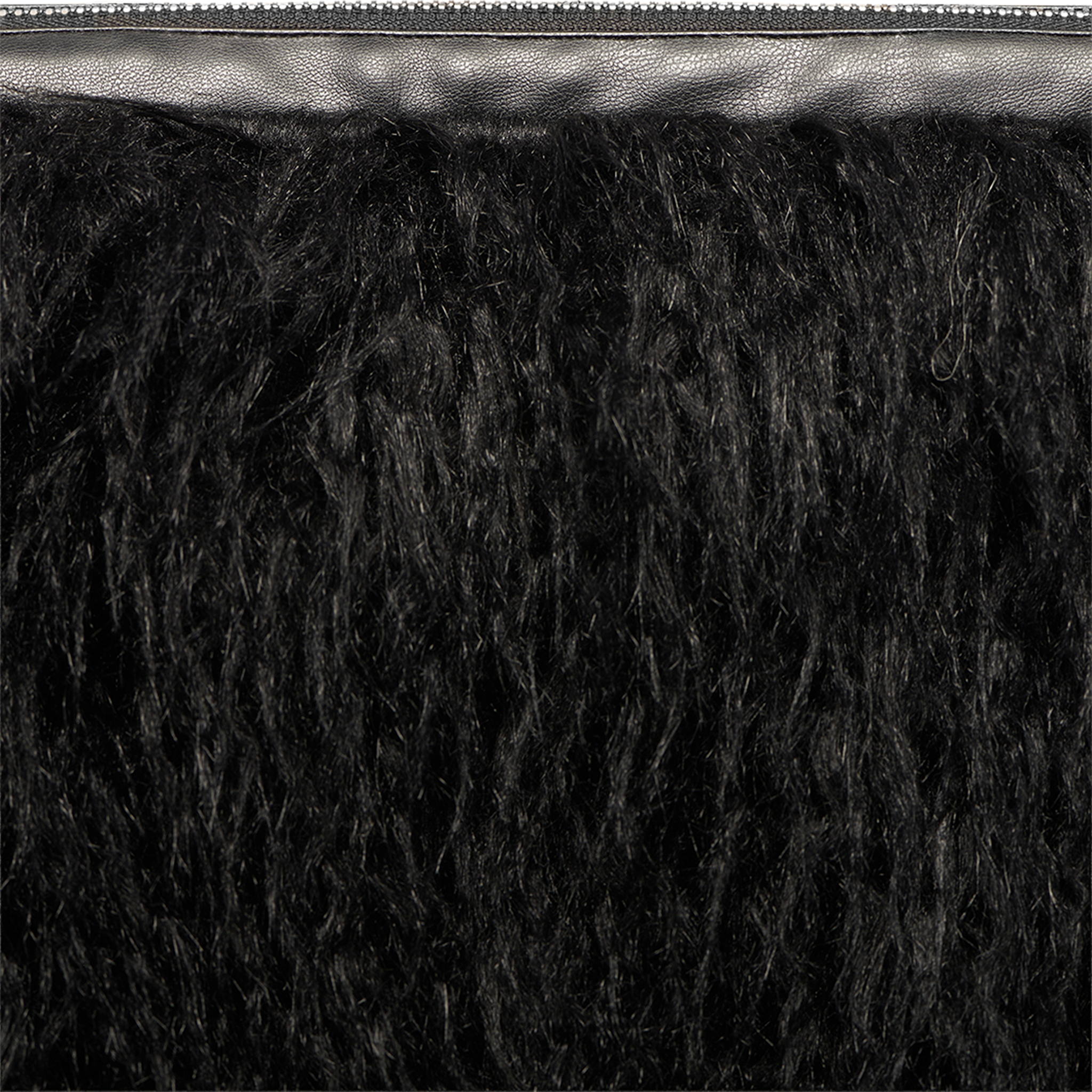 Close-up of the Adelina Faux Fur Clutch, showcasing its textured black faux fur and a visible silver zipper along the top edge.
