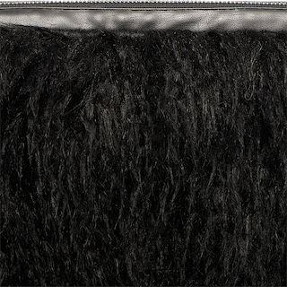 Close-up of the Adelina Faux Fur Clutch, featuring a textured black faux fur surface, a strip of shiny silver material, and a visible zipper along the top edge.