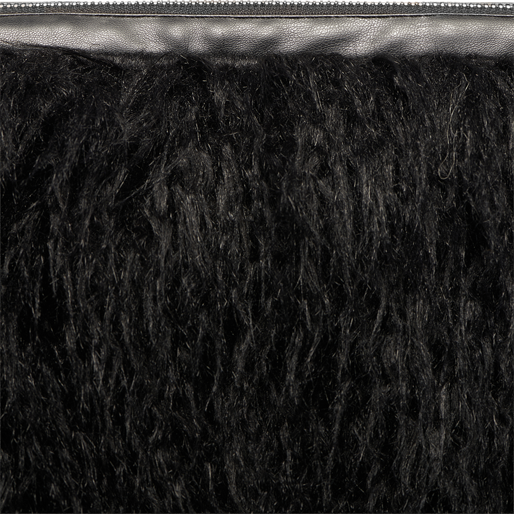 Close-up of the Adelina Faux Fur Clutch, showcasing its textured black faux fur and a visible silver zipper along the top edge.