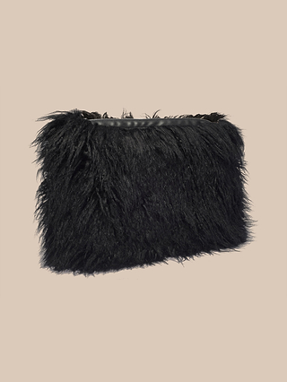 The Adelina Faux Fur Clutch is a rectangular, plush black bag featuring a soft, shaggy texture. Set against a plain beige background, this chic accessory makes the perfect statement piece for any outfit.