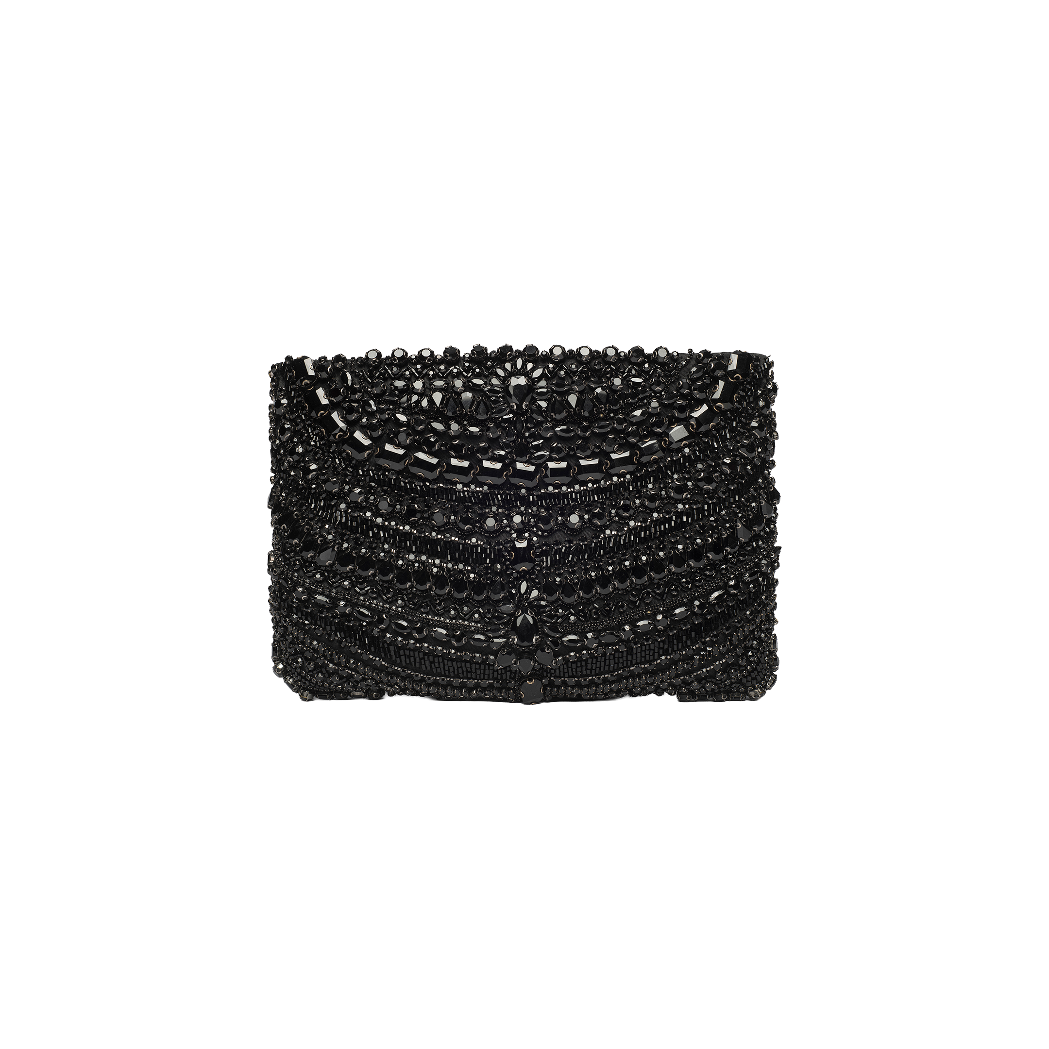 The Eclipse Crystal Clutch, a black beaded evening bag adorned with intricate geometric beadwork, is displayed against a plain white background.