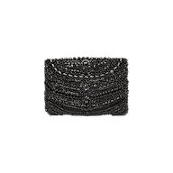 The Eclipse Crystal Clutch, a black beaded evening bag adorned with intricate geometric beadwork, is displayed against a plain white background.