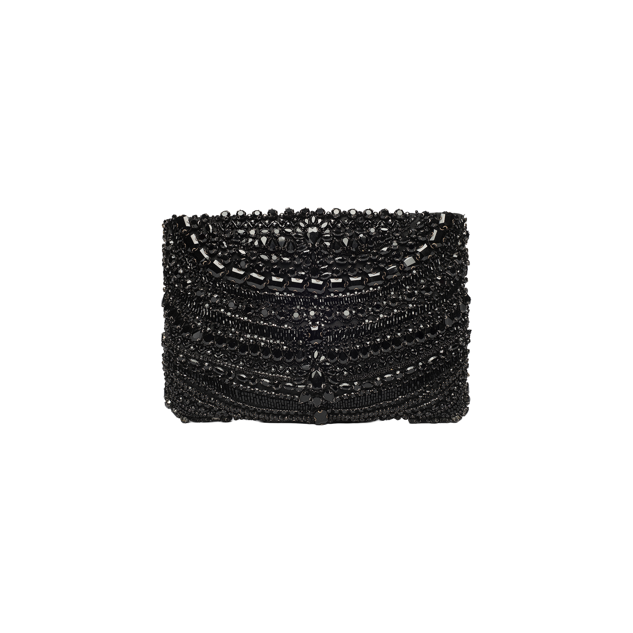 The Eclipse Crystal Clutch, a black beaded evening bag adorned with intricate geometric beadwork, is displayed against a plain white background.