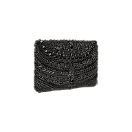 The Eclipse Crystal Clutch is a petite black beaded evening bag featuring a textured, beaded exterior and a rounded flap closure, displayed against a plain white background.