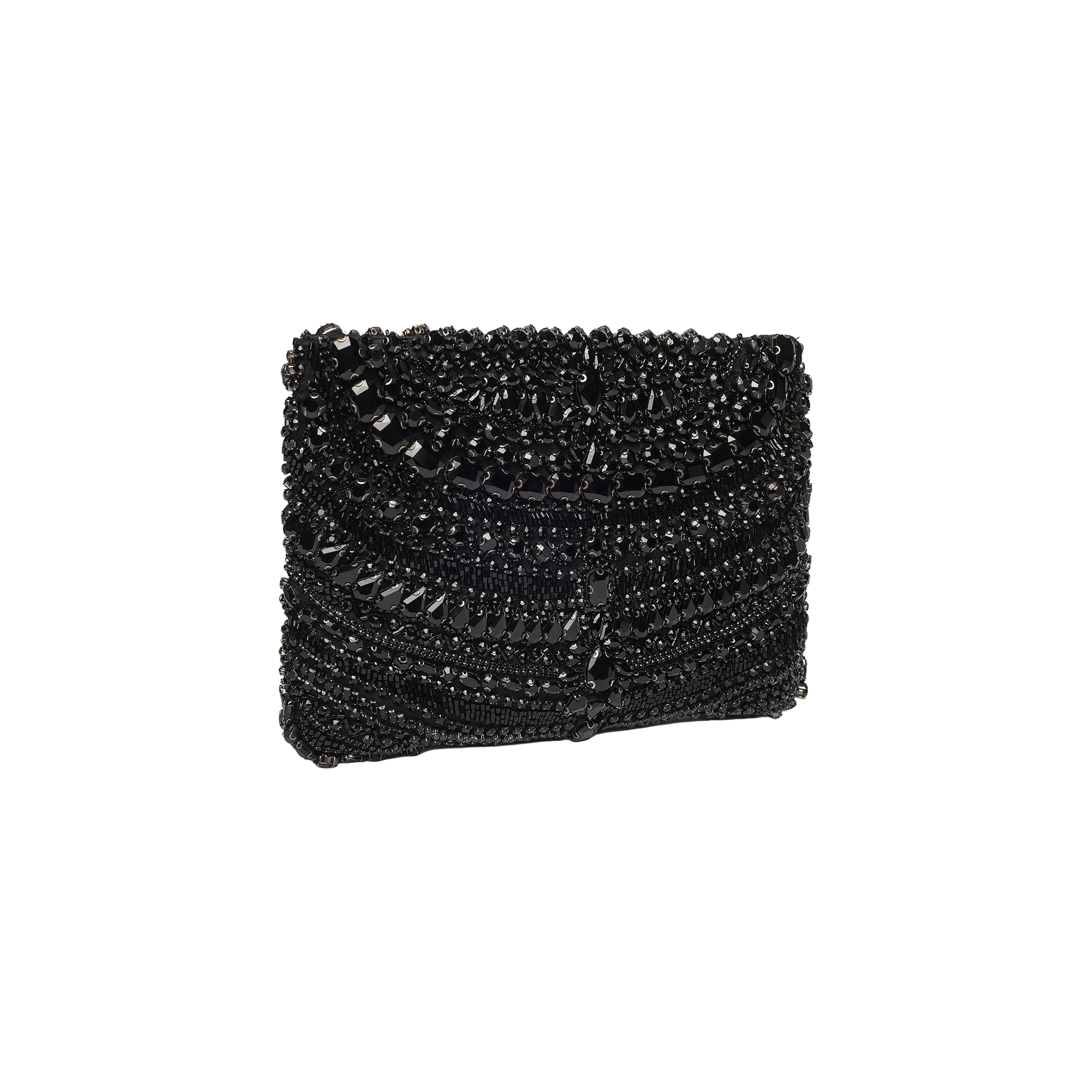 The Eclipse Crystal Clutch is a petite black beaded evening bag featuring a textured, beaded exterior and a rounded flap closure, displayed against a plain white background.